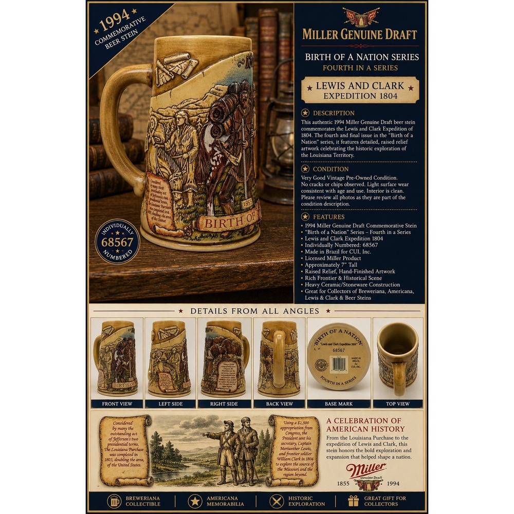 Vintage 1994 Miller Genuine Draft Birth of a Nation Lewis and Clark Beer Stein
